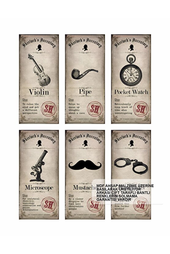 sherlock holmes polisiye roman karakteri dedektif işaretleri 6lı mini retro ahşap poster seti tablo