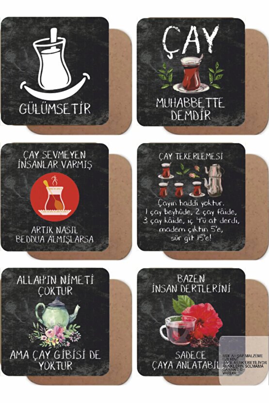 ÇAY SÖZLERİ GÜZEL KOMİK ESPRİLİ DUVAR YAZILARI 6LI AHŞAP BARDAK ALTLIĞI SETİ
