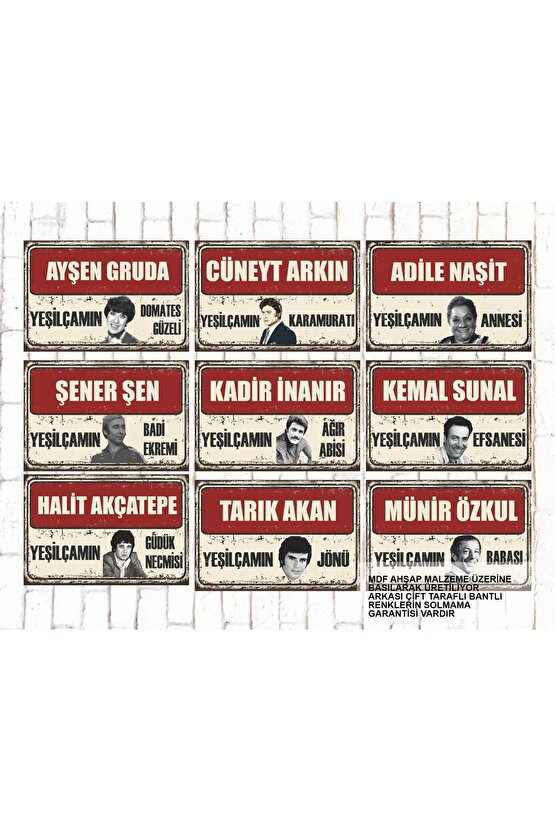 9 Parça Karışık Yazılı Ahşap Tablo Seti yeşilçam türk sineması oyuncuları portreleri