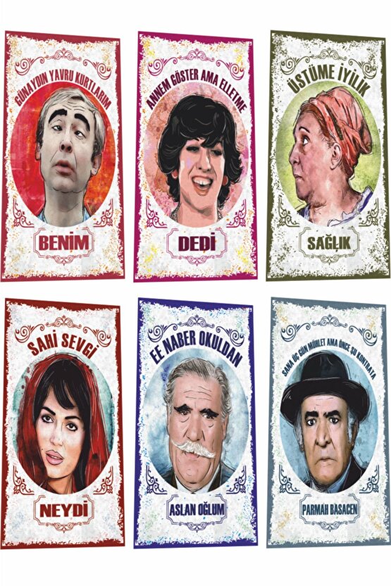 Yeşilçam Türk Sineması Unutulmaz Replikleri 6lı Mini Retro Ahşap Seti Uv Baskılı