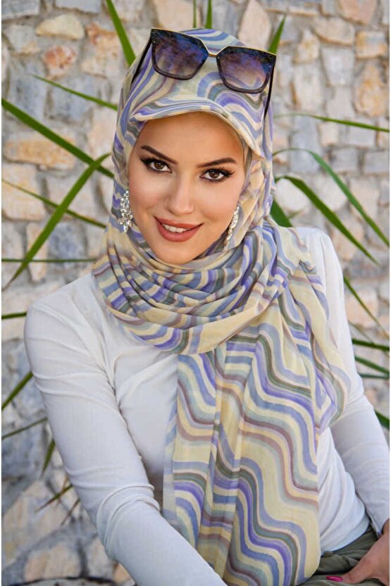 Soft Tonlar Geometrik Desen Kepli Bandana Şapka Şal