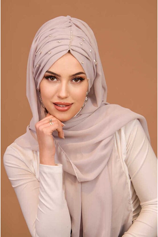 Taş Gri Taşlı Büzgü Model Hazır Abiye Şal