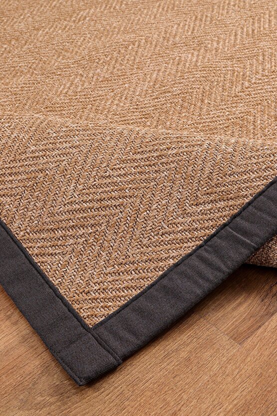 0503-Antrasit Kumaş Bordür Sisal Halı Kilim Hav Toz Vermez Kolay Temizlenen Hasır Kilim