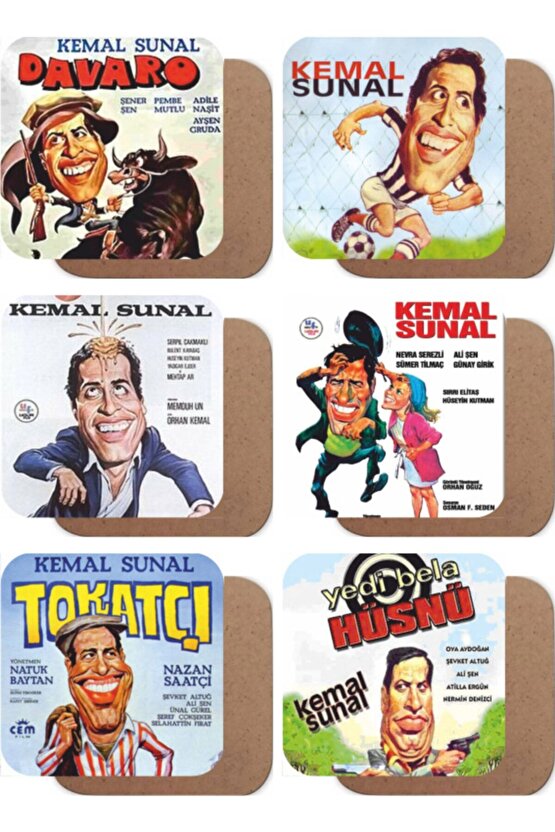 Kemal Sunal Yeşilçam Afişleri Retro 6lı Ahşap Bardak Altlığı Seti