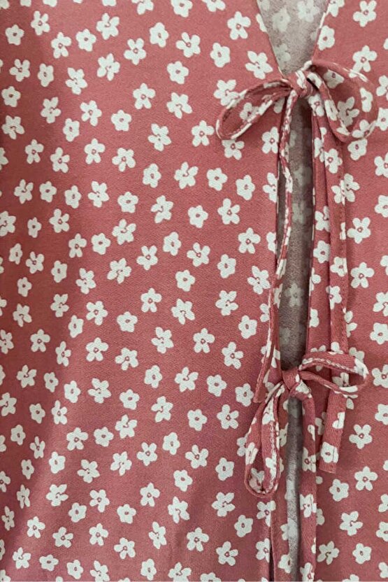 Pembe Çiçekli Önü Bağlamalı Kimono Tunik  Ütü İstemez 85 CM BOY
