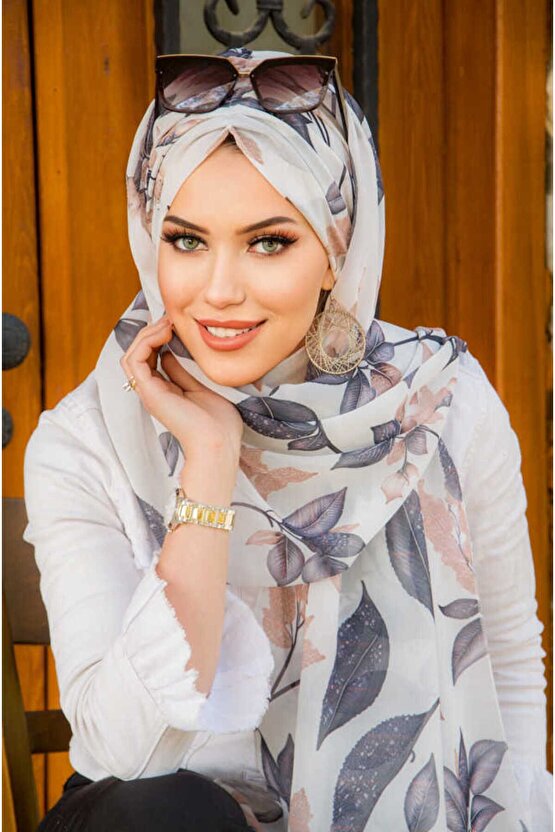 Beyaz Gri Yaprak Desen Şifon Hazır Şal