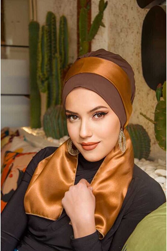 Karamel Saten Fularlı Bone