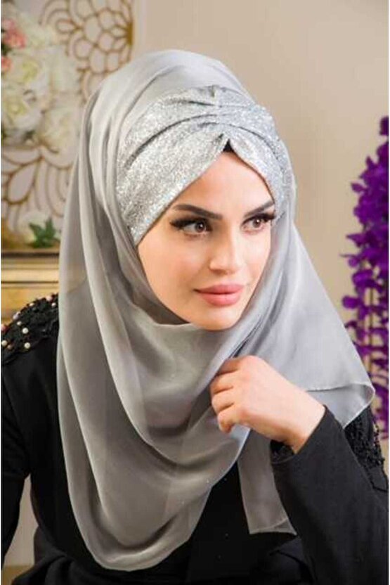 Fransız Şifon Abiye Şal - Gümüş -