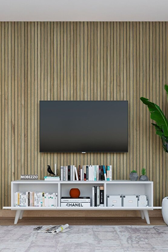 Modern Beyaz 3 Kapaklı Tv Ünitesi 140 Cm Geniş Depolama Alanı, Salon, Fonksiyonel Tv Sehpası