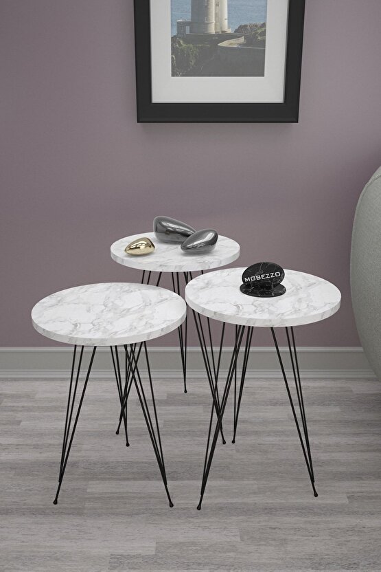 3’lü Zigon Sehpa Takımı | Siyah Metal Ayaklı Modern Yan Sehpa | Salon Dekoru Beyaz Mermer