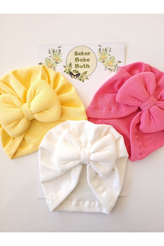 Kız Bebek & Çocuk Renkli Fiyonklu Bone 3Lü Set