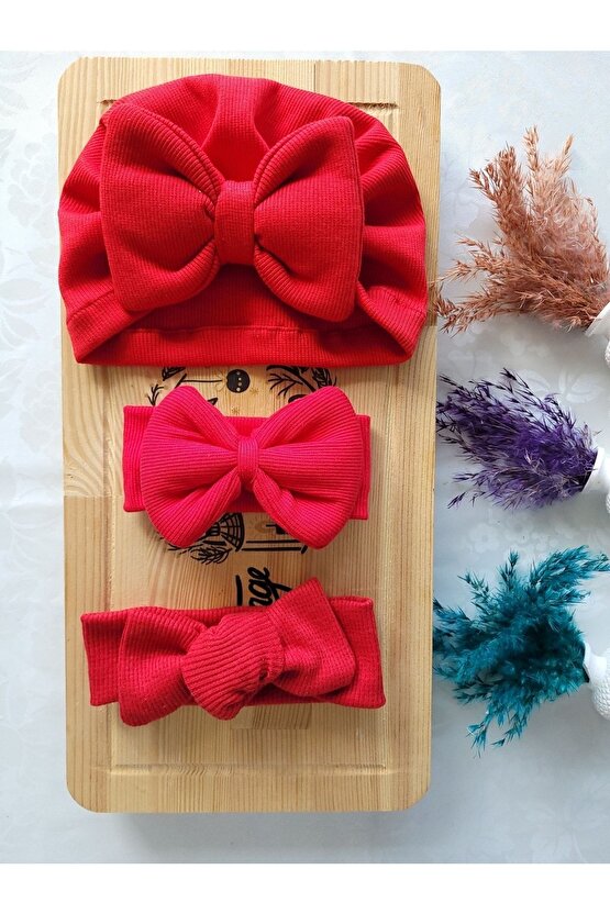 Kız Bebek & Çocuk Fiyonklu Bone & Bandana Set