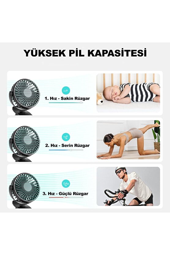 Masaüstü Şarjlı Klipsli 360 Derece Dönebilen Portatif Vantilatör - Soğutucu Klima Tutacaklı Fan
