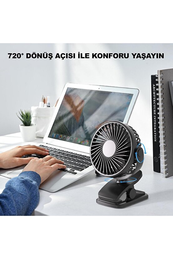 Masaüstü Şarjlı Klipsli 360 Derece Dönebilen Portatif Vantilatör - Soğutucu Klima Tutacaklı Fan