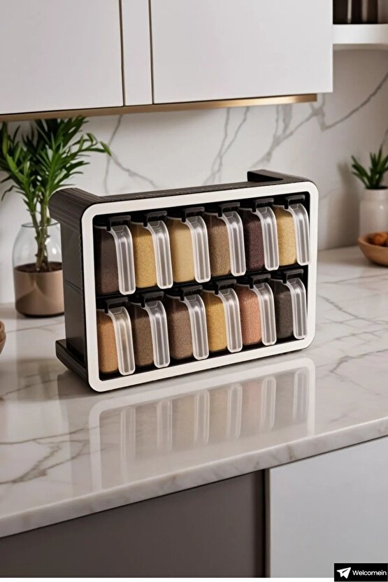 12li 250 ml Standlı Kendinden Yapışkanlı Tezgah Üstü ve Duvar Sabitlemeli Kaşıklı Baharatlık Seti