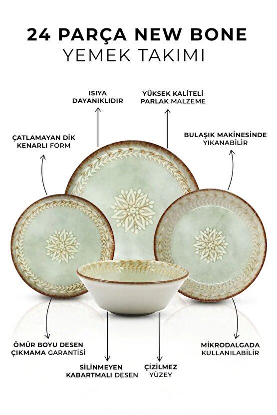 6 Kişilik 24 Parça Vintage New Bone Porselen Yemek Takımı Çorba Servis Yemek Tatlı Tabağı Seti