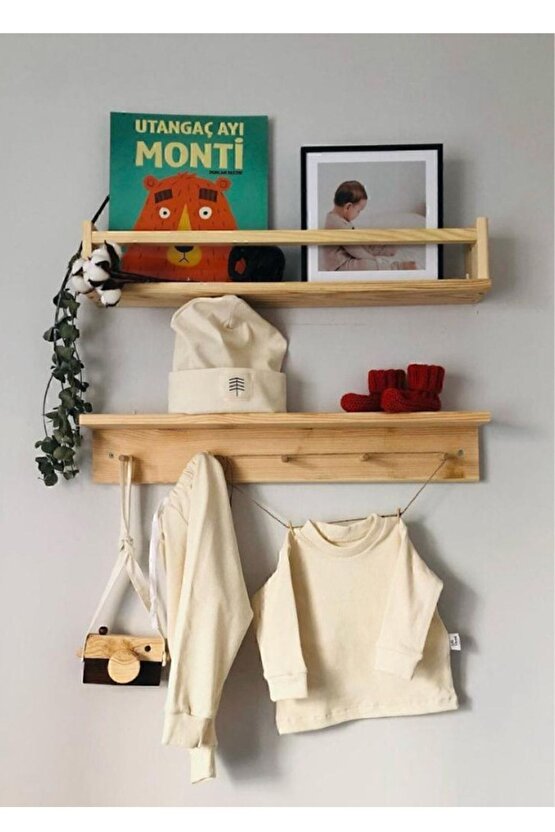 Ahşap Askılık Raf Ve Kitaplık Raf Eğitici Montessori Raf 2li 40 Cm
