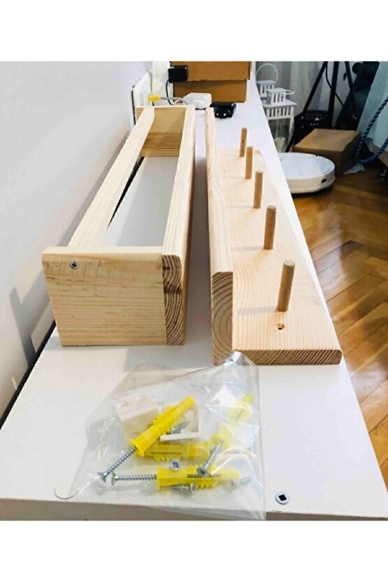 Ahşap Askılık Raf Ve Kitaplık Raf Eğitici Montessori Raf 2li 40 Cm