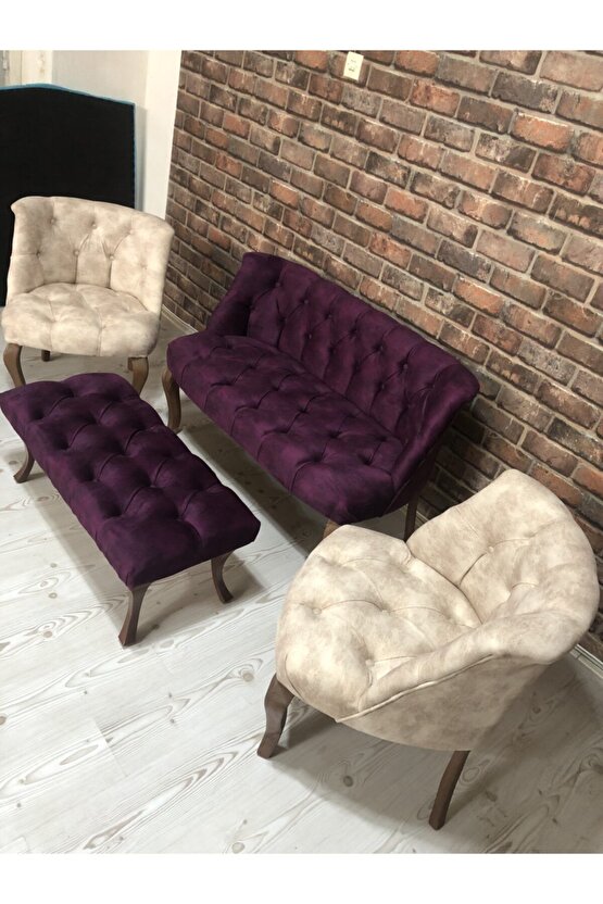 Elizzan Krem Mürdüm Çay Seti Koltuk Berjer 2+1