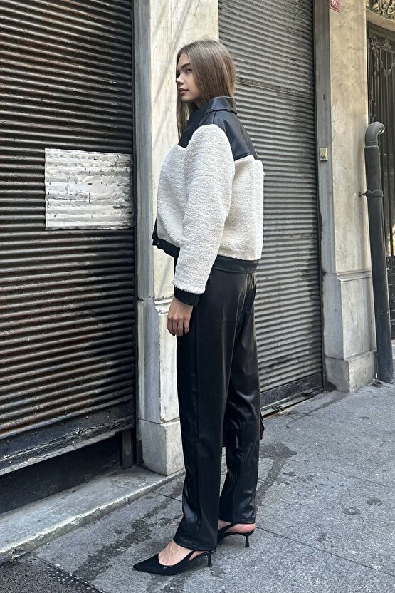 Kadın Siyah Deri Detaylı Peluş Bomber Ceket - Oversize
