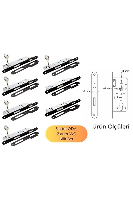 DOKKU GÖMME KİLİT 5 ADET ODA 2 ADET WC OVAL SİYAH 45MM X 18MM AYNA SET