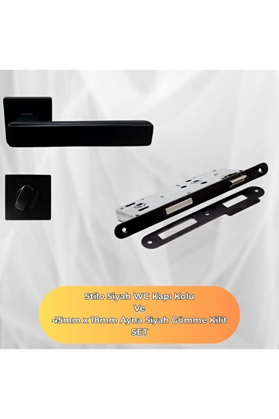 Lusso Siyah Kare Rozetli WC Kapı Kolu ve 45X18mm Siyah WC Gömme Kilit Set