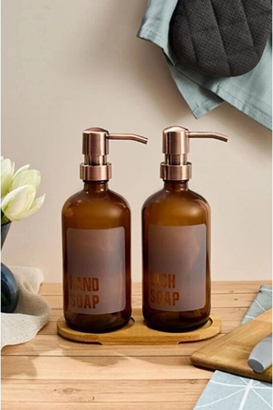 Amber 2’li Standlı Cam Mutfak Sıvı Sabunluk Seti – Bambu Standlı Sabunluk 500ml