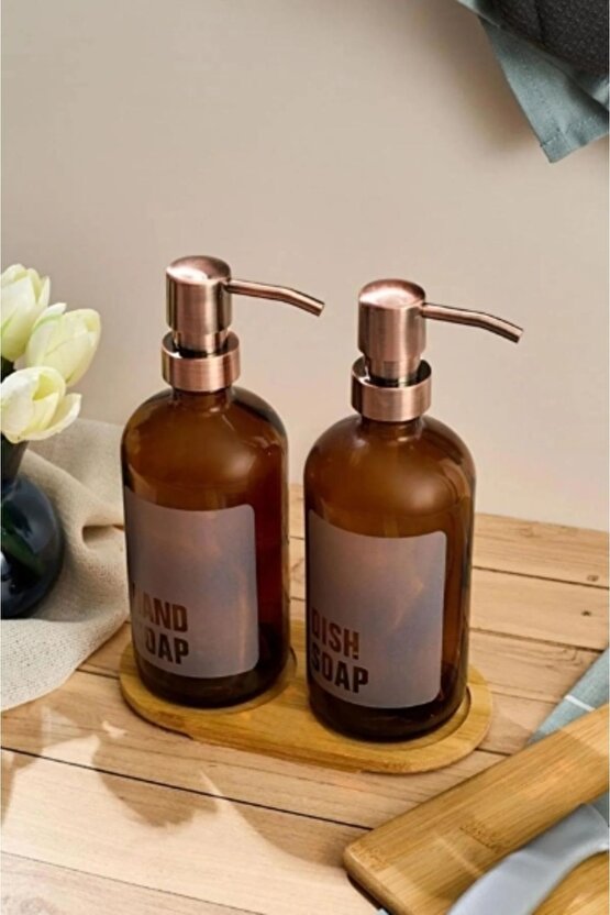 Amber 2’li Standlı Cam Mutfak Sıvı Sabunluk Seti – Bambu Standlı Sabunluk 500ml