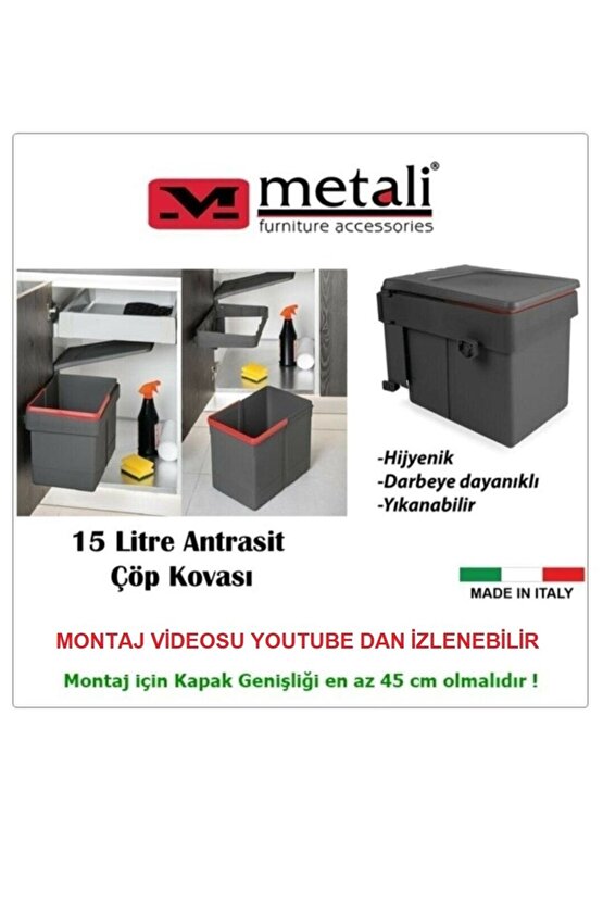 Kokusuz Dolap Içi Çöp Kovası Antrasit 15lt (DOLAP KAPAK GENİŞLİĞİ MİN. 45 CM)