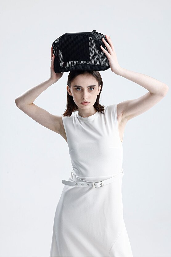Kadın Siyah Petek Desenli Şeffaf Clutch El Çantası