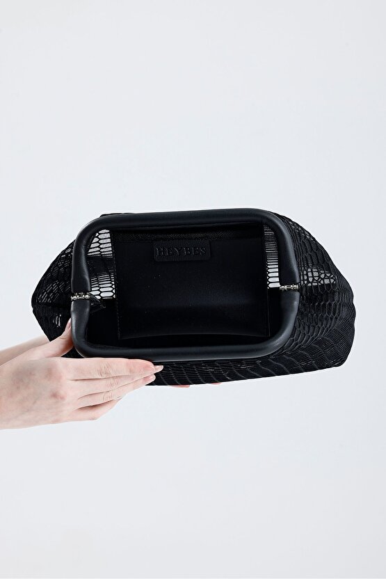 Kadın Siyah Petek Desenli Şeffaf Clutch El Çantası