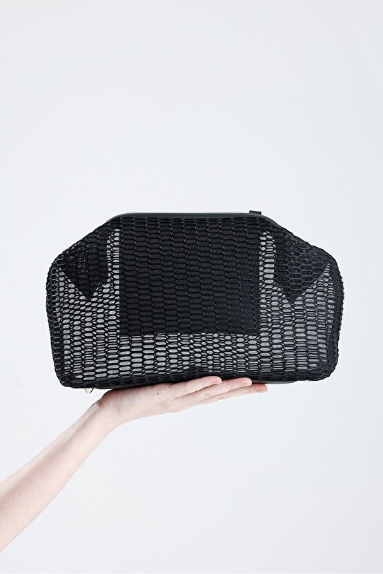 Kadın Siyah Petek Desenli Şeffaf Clutch El Çantası