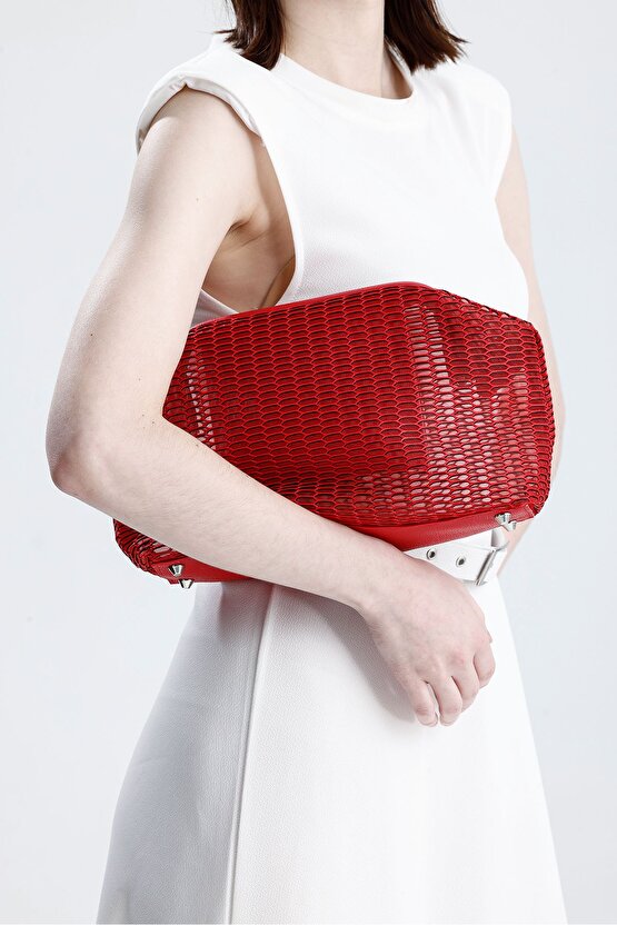 Kadın Kırmızı Petek Desenli Şeffaf Clutch El Çantası