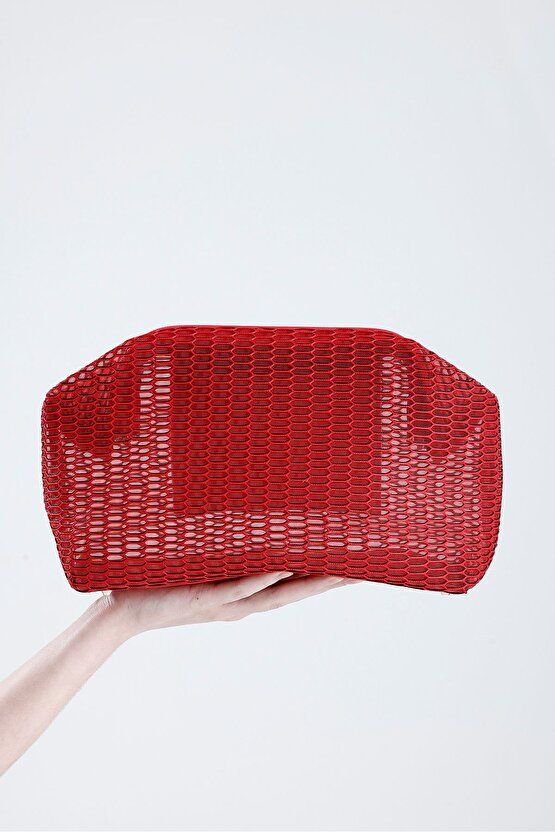 Kadın Kırmızı Petek Desenli Şeffaf Clutch El Çantası