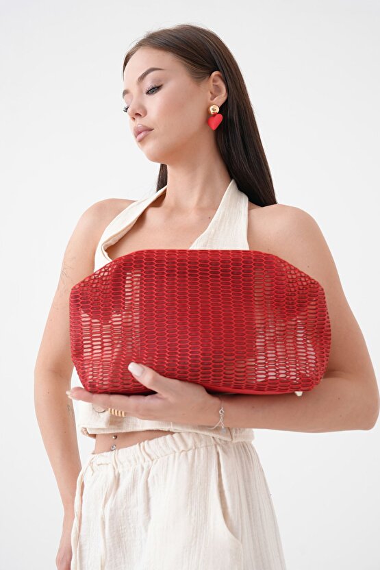 Kadın Kırmızı Petek Desenli Şeffaf Clutch El Çantası