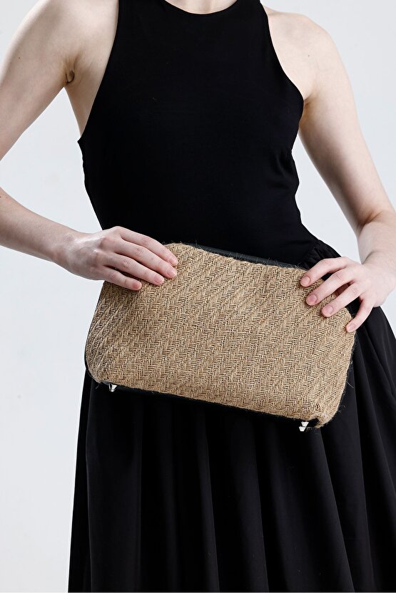 Kadın Heybes Siyah Deri Detaylı Balık Sırtı Örgü Jüt Clutch El Çantası