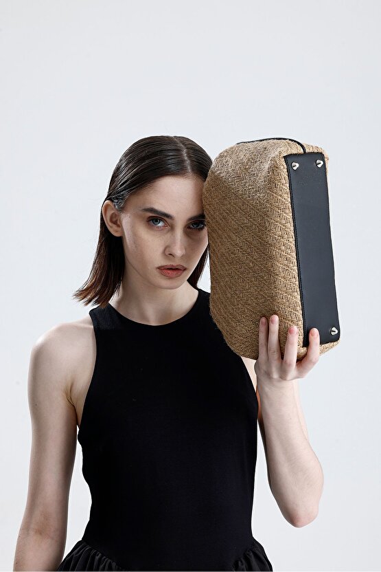 Kadın Heybes Siyah Deri Detaylı Balık Sırtı Örgü Jüt Clutch El Çantası