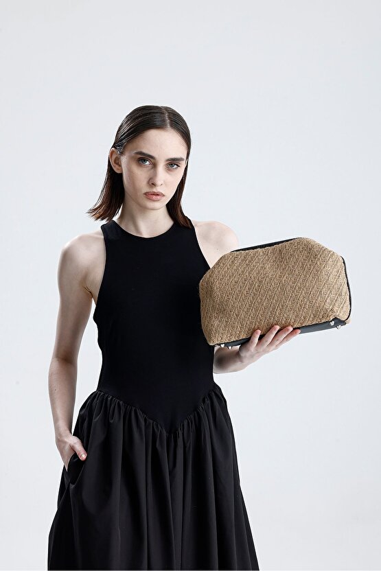 Kadın Heybes Siyah Deri Detaylı Balık Sırtı Örgü Jüt Clutch El Çantası