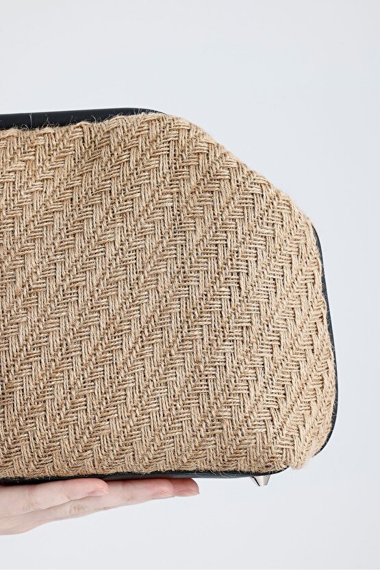 Kadın Heybes Siyah Deri Detaylı Balık Sırtı Örgü Jüt Clutch El Çantası