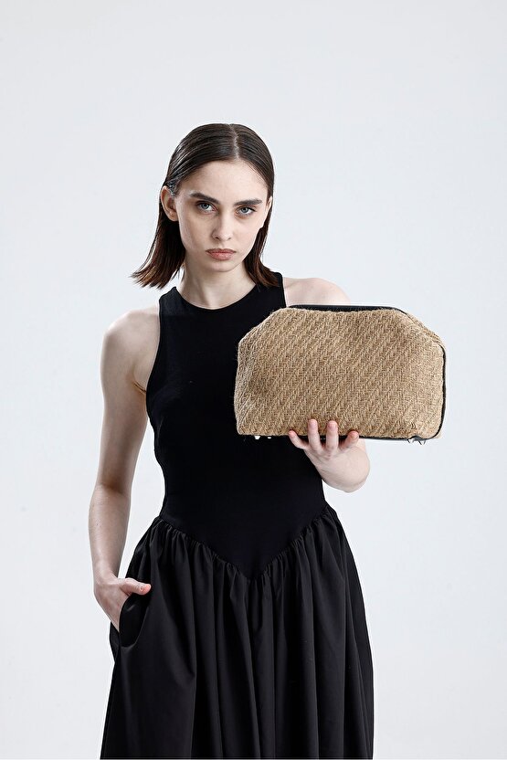 Kadın Heybes Siyah Deri Detaylı Balık Sırtı Örgü Jüt Clutch El Çantası