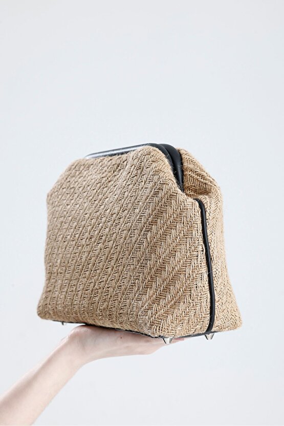 Kadın Heybes Siyah Deri Detaylı Balık Sırtı Örgü Jüt Clutch El Çantası