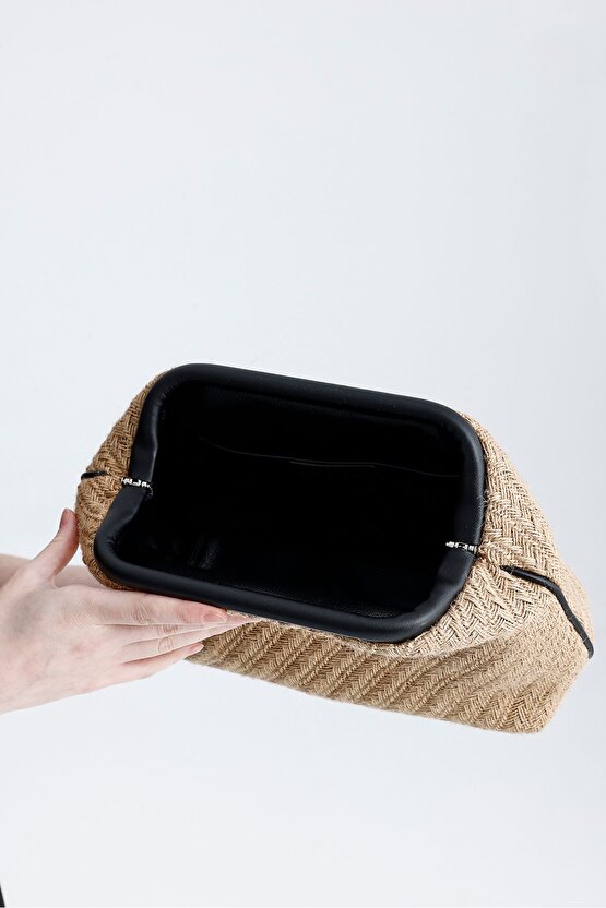 Kadın Heybes Siyah Deri Detaylı Balık Sırtı Örgü Jüt Clutch El Çantası
