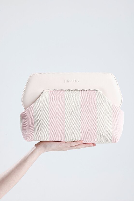 Heybes Kadın Pembe Çizgi Desenli Kanvas Clutch El Çantası