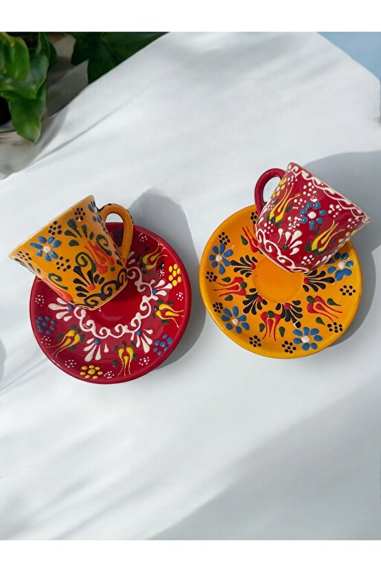 Dekoratif 2 Kişilik Şık Lale Çini Tasarımlı Tamamen El Yapımı Kahve Fincan Seti