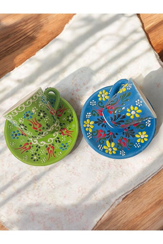 Dekoratif 2 Kişilik Şık Lale Çini Tasarımlı Tamamen El Yapımı Kahve Fincan Seti