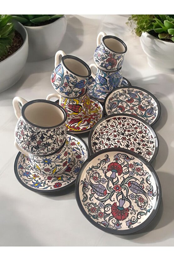 Dekoratif Çini Tasarım, Lale ve Karanfil İşlemeli Çay Kahve Fincanı Seti 6 Kişilik
