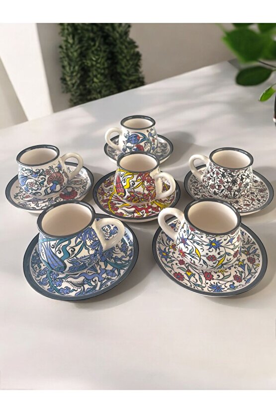 Dekoratif Çini Tasarım, Lale ve Karanfil İşlemeli Çay Kahve Fincanı Seti 6 Kişilik