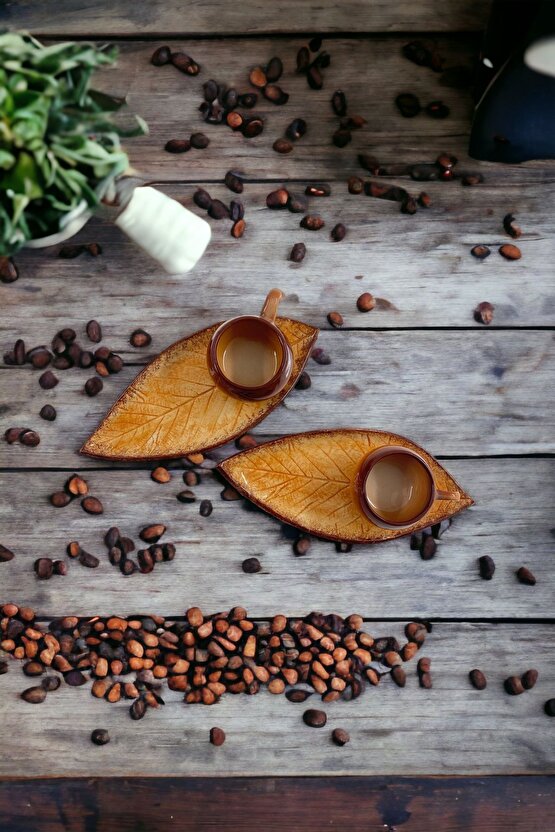 Dekoratif Ceviz Yaprak Figürlü, Kahverengi Renklerinde Çay Kahve Fincanı Seti 2 Kişilik