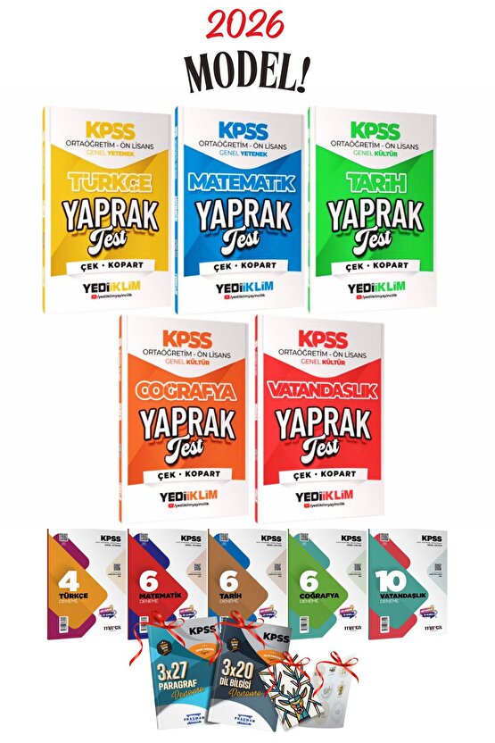 2026 Önlisans-Ortaöğretim KPSS Yediiklim 5 Branş Yaprak Test ve Branş Denemeleri Seti Toplam 12 Ürün