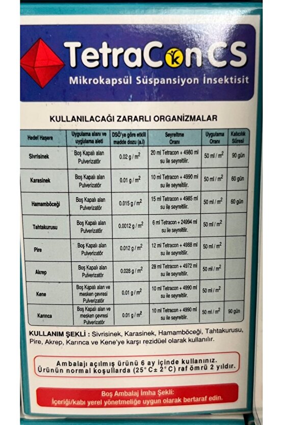 TetraCon CS Akrep, Pire, Kene, Hamamböceği, Tahtakurusu Genel Haşare İlacı 50 Ml